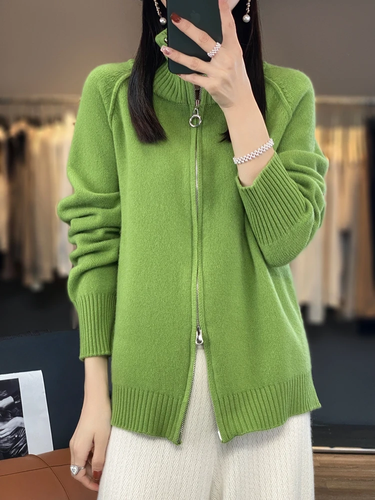 Wool Sweater Cardigan Women Turtleneck Long Sleeve Tops Zipper Fashion Loose Autumn Winter New Knitted Warm Outerwear Cardigan