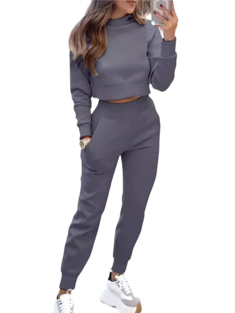 Autumn Simple Style 2 Piece Sets Women Outfits Long Sleeve Half High Collar Short Sweatshirt Pencil Pant Sport Suit Tracksuit