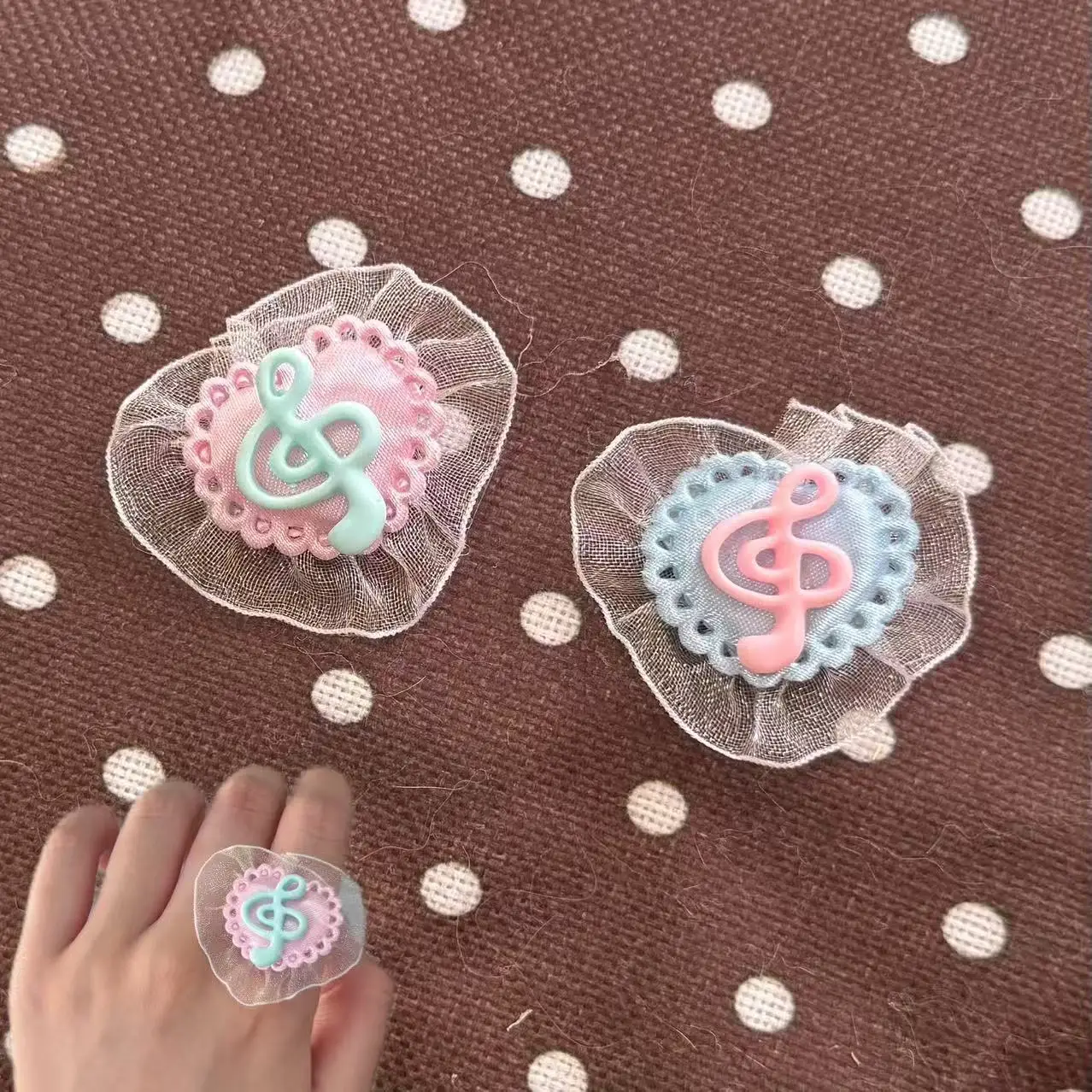 Subculture Vintage Music Note Tulle Ring Heart Cute Handmade Sweet Ring Girlish Ins Japanese Lace Finger Ring