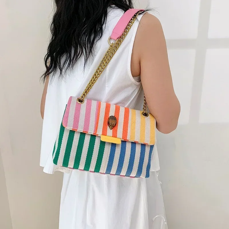 

KURT GEIGER LONDON Casual Canvas Multi-color Striped Square Bag Retro Chain Shoulder Eagle Head Women'sBag