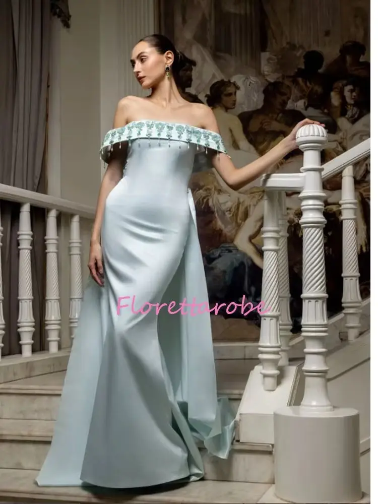 Customized  Matching Fashion Pleat Beading Sequined Mermaid Off-the-shoulder Floor-Length Evening Dresses For Women