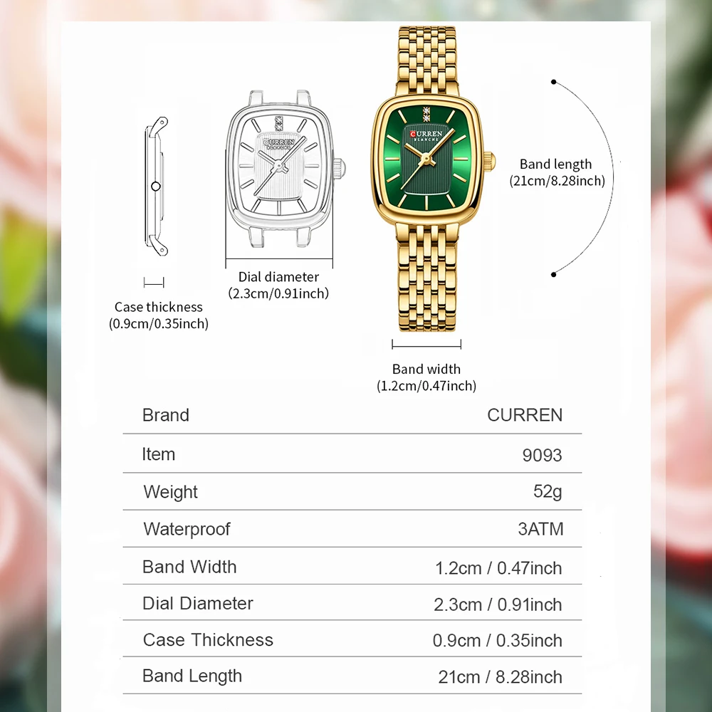 CURREN 9093 Fashion Rectangular Exquisite Women's Quartz Watch New Waterproof Stainless Steel Strap Charm Watches for Woman