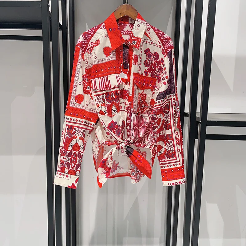 

Осенняя свободная рубашка-поло с игривым красным принтом 202, рубашка на пуговицах для женщин