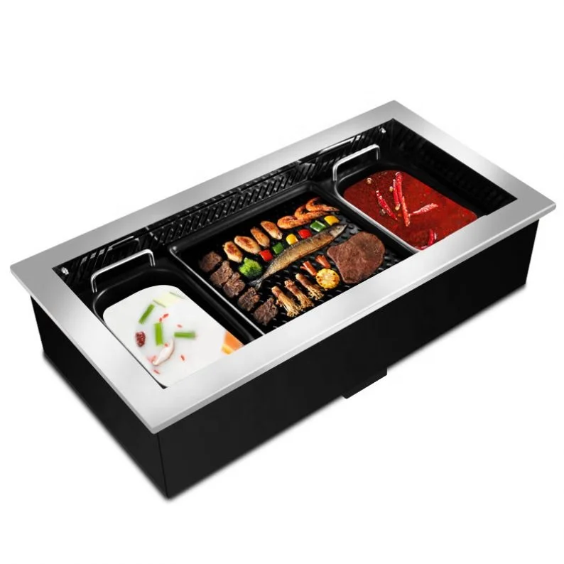 New Product Commercial Restaurant Hotpot Bbq Tables Stainless Steel Two-flavor Hot Pot With Divider Soup Pot