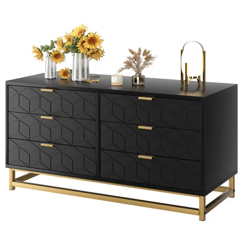Black 6 Drawer Dresser for Bedroom, Wood Chest of Drawers with Metal Legs, Modern Storage Dresser Chest Cabinet Organizer