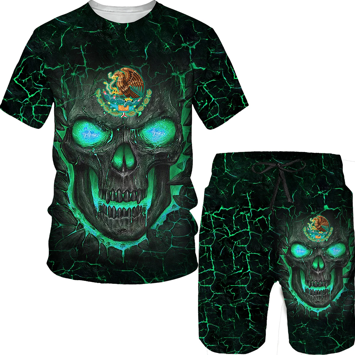 Conjunto de camiseta informal de talla grande para verano, chándal con estampado 3D de calavera de Horror, diseño de hueso, cuello redondo, transpirable, con personalidad