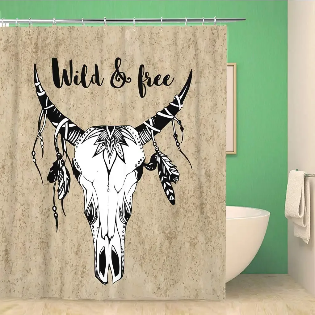 Long Horned Bull Skull Shower Curtain Waterproof Polyester Fabric Home Bathroom Curtain Decorative Bathtub Screen with Hooks