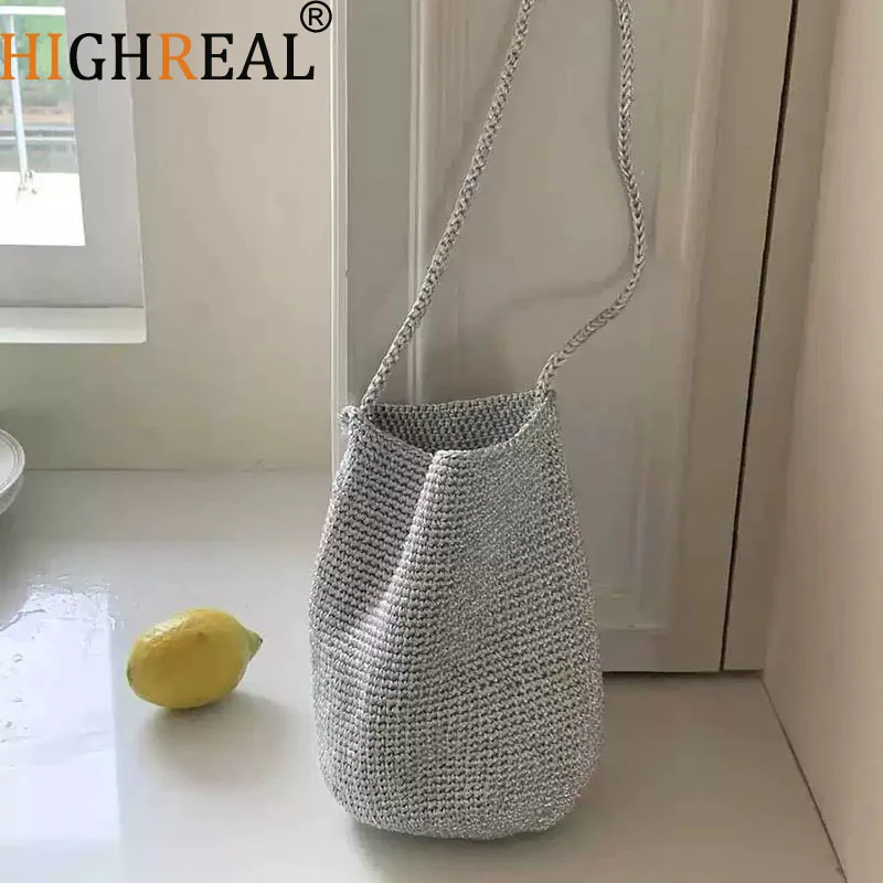 

Handmade Silver Woven Bucket Bag Mini Crochet Shoulder Bags for Women Luxury Designer Women's Handbag New Tote Female Purses