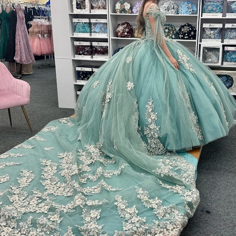 Vestido De princesa De quinceañera con cuello en V brillante, azul acuático, vestido De baile con capa, Apliques De encaje, dulce 16, 15 Años