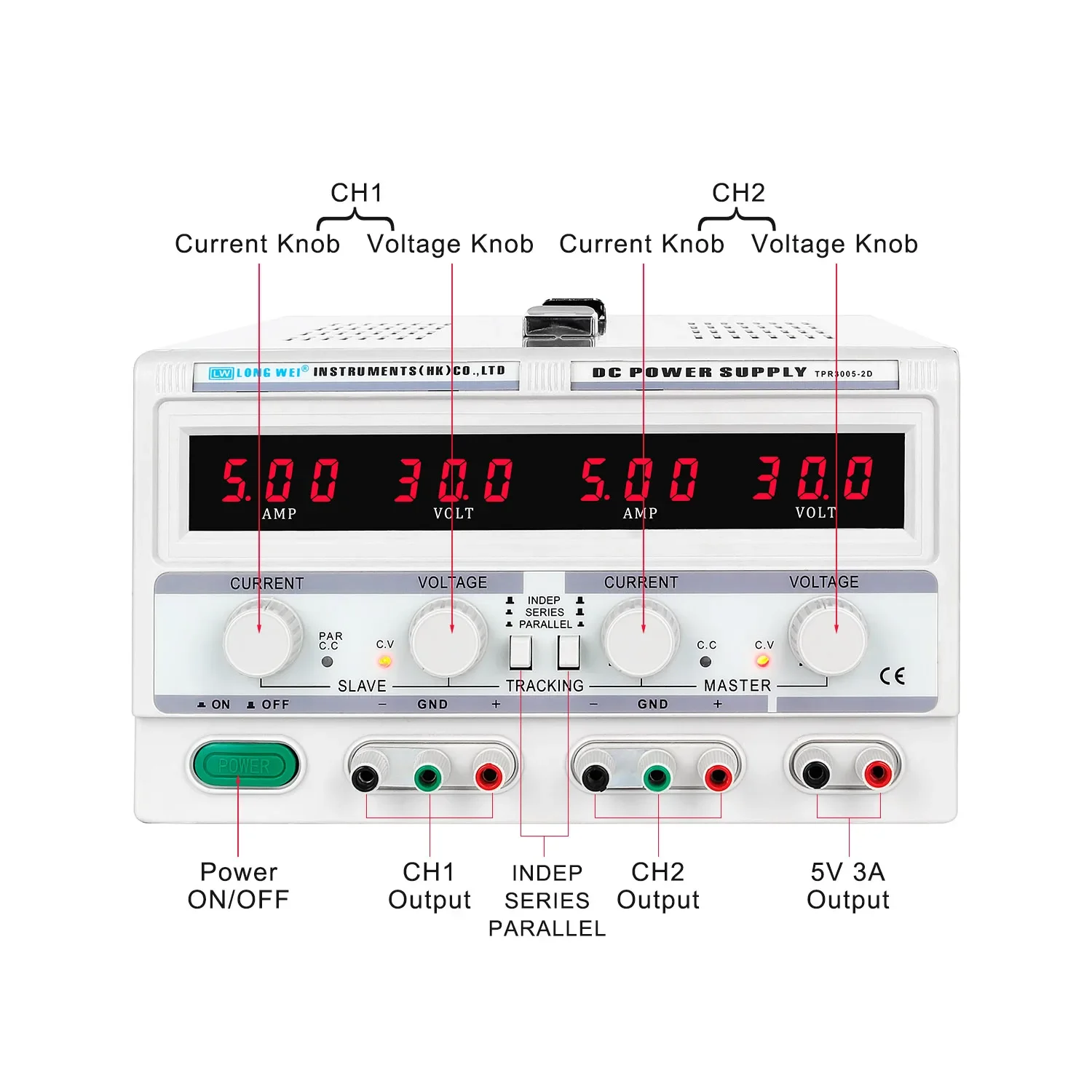 Fonte de alimentação regulada DC, interruptor ajustável, função de bancada, display LED, 30V, 5A, TPR-3005-2D