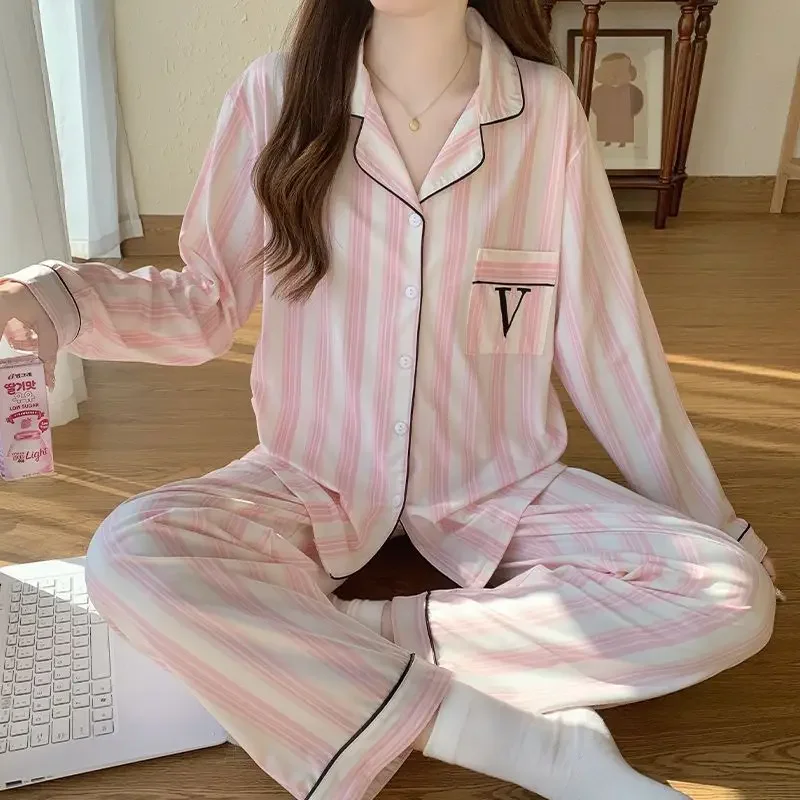 

Pijamas Women Long-sleeved Pajamas Women's Autumn Winter Sleepwear New Simple Striped Loose Large-size Cardigan Loungewear Set