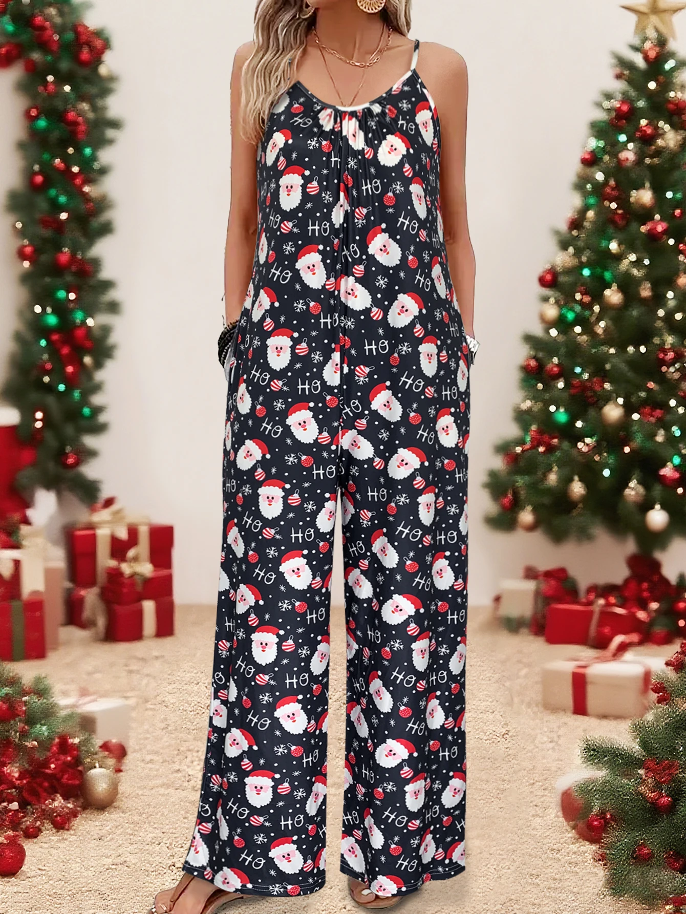 Plus Size Women Black Christmas Ho Ho Ho Santa Print Cami Jumpsuit Sleeveless Wide Leg Holiday Romper With Pockets