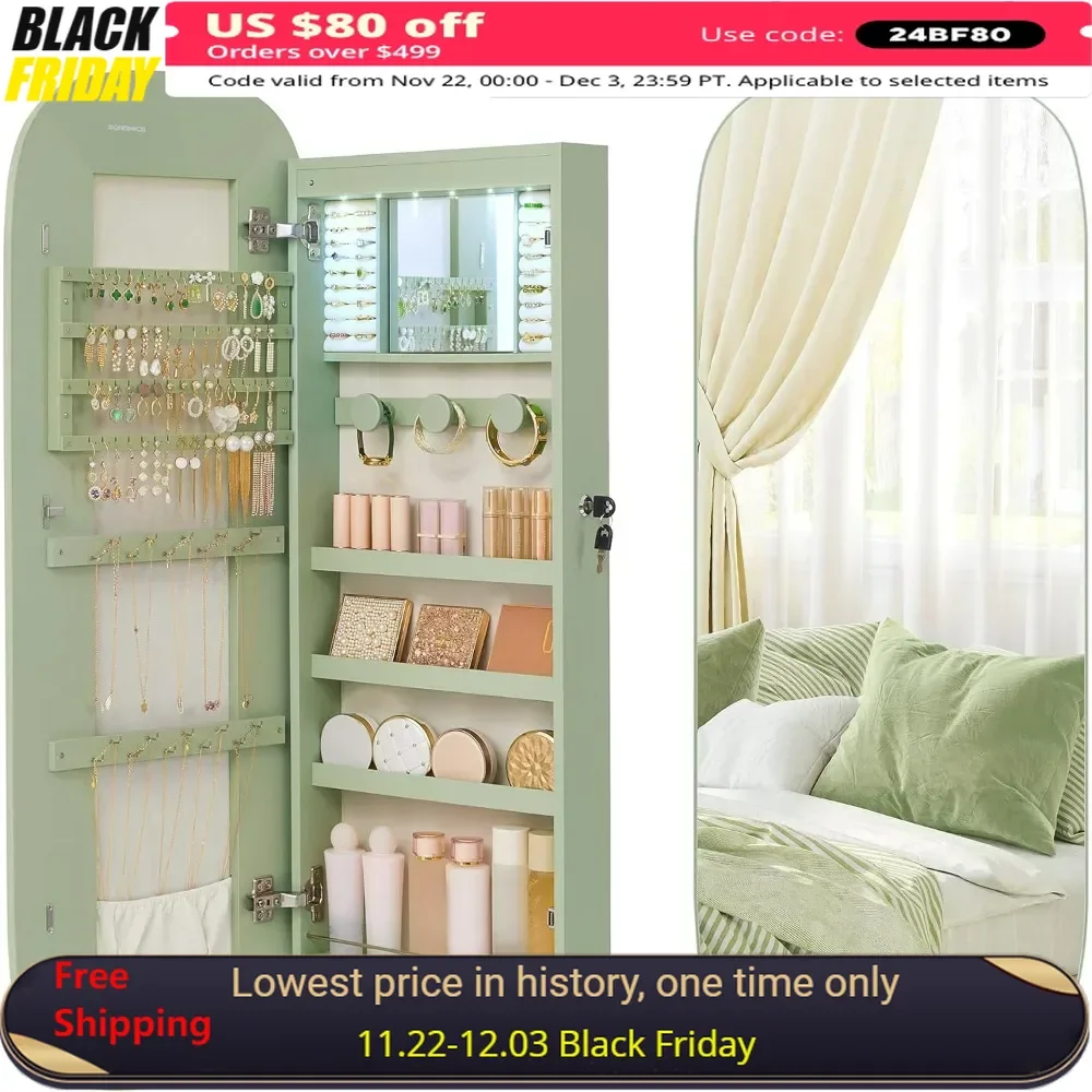 Jewelry Organizer, LED Jewelry Cabinet Wall or Door Mounted, Lockable Rounded Wide Mirror with Storage, Interior Mirror