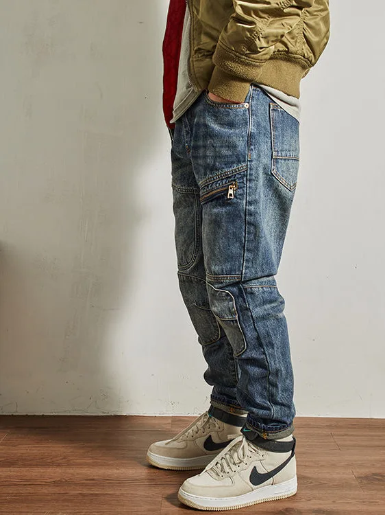 

Мужские джинсовые брюки в стиле ретро, рабочая одежда с заплатками, длинные брюки, тяжелые джинсы с прямыми штанинами и украшением на молнии