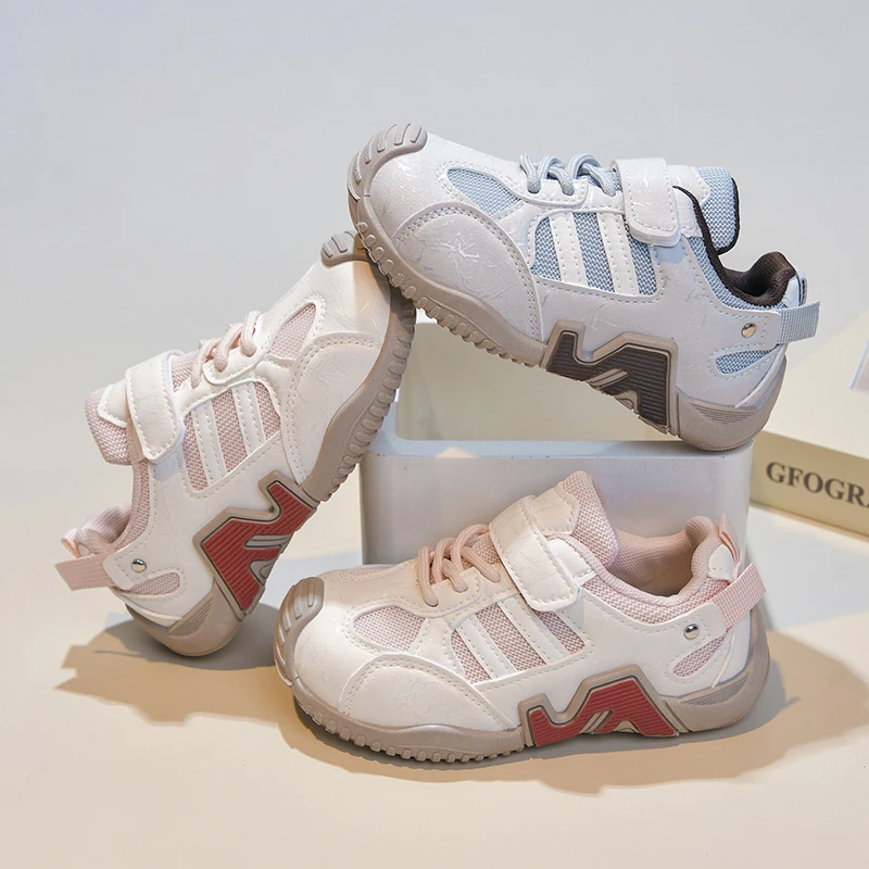 Kids'Casual Shoes PU Leather Color Blocking Autumn Sports Shoes For Children Anti-slip Breathable Pink Grey Shoes Size 27-37