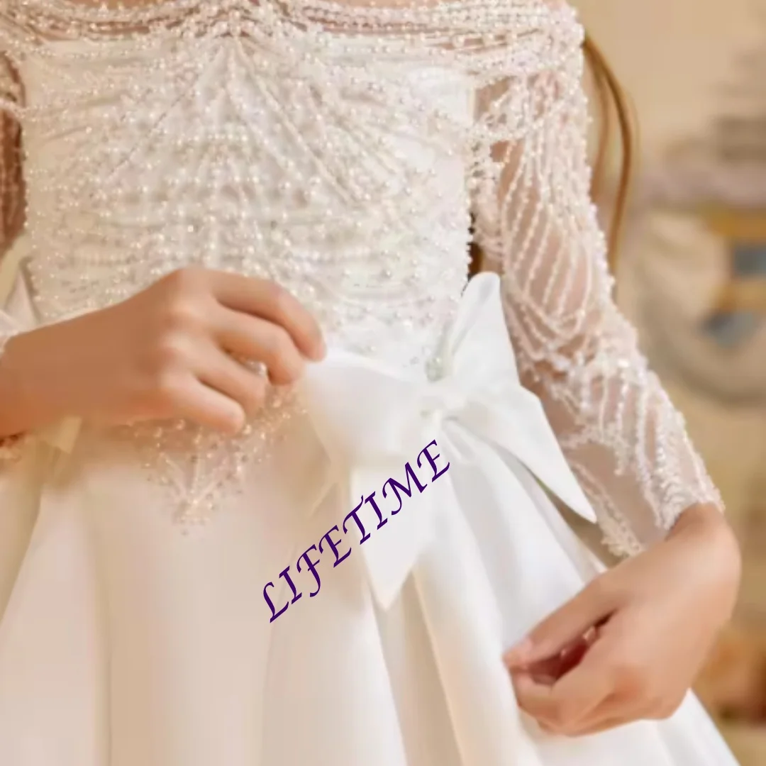 Luxury Pearls Beading Flower Girl's Dresses for Wedding White Ball Gown First Communion Dress Baby Girl Birthday Party Gowns