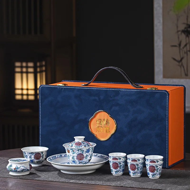 Ceramic tea set high white porcelain high value blue and white porcelain cover bowl teacup high-end household gifts
