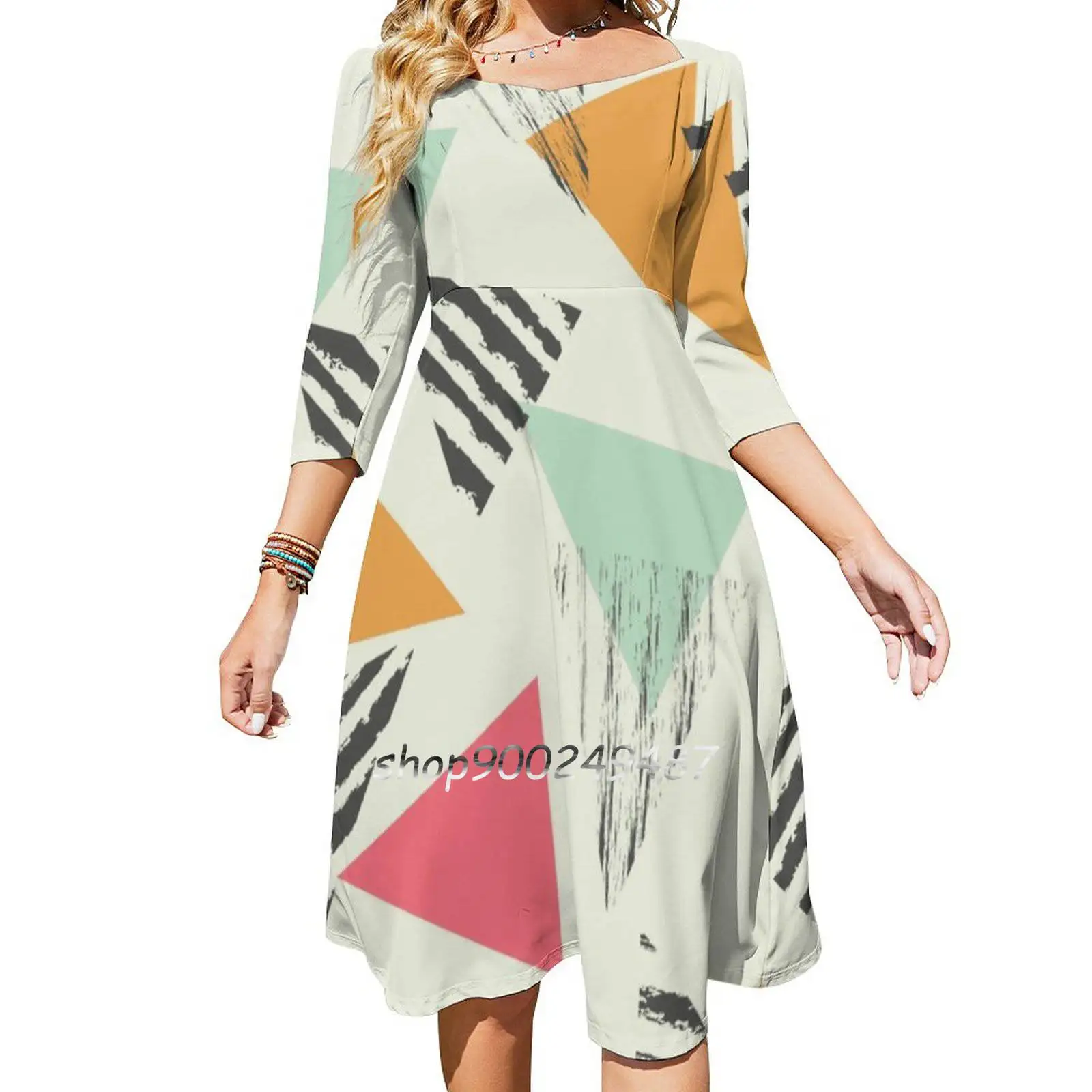 Geometric Mint Pattern Design 015 Flare Dress Square Neck Dress Elegant Female Fashion Printed Dress Triangles Geometric Pink