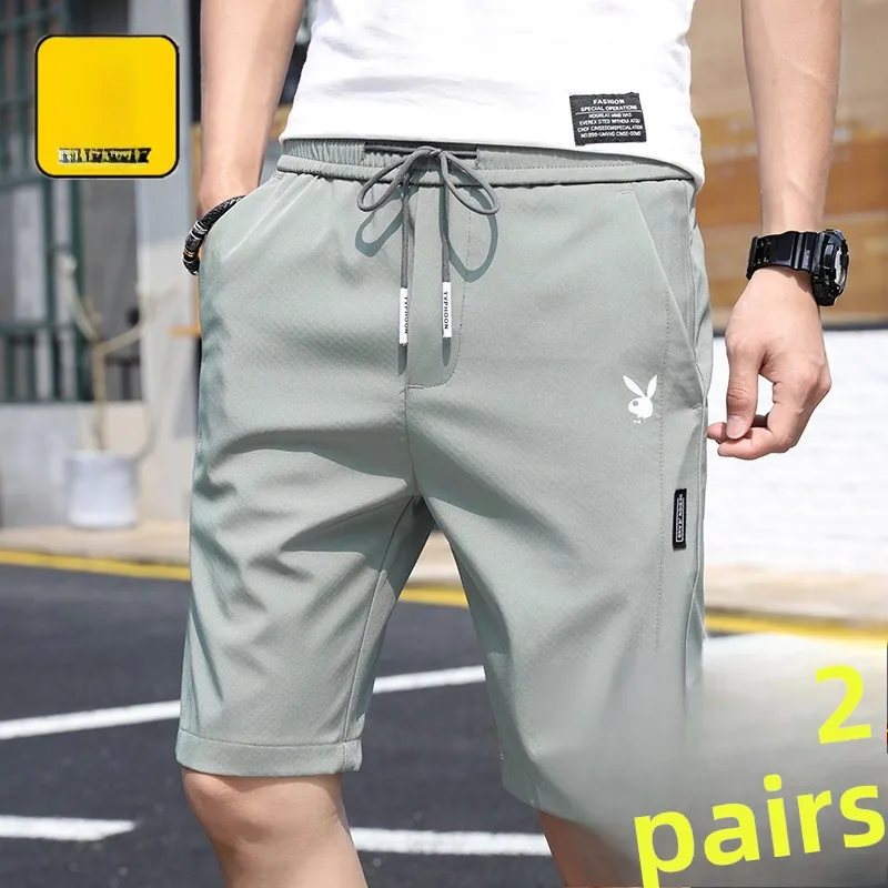 

Мужские спортивные брюки 2025: Новые летние тонкие свободные бриджи до колен, модные, быстросохнущие, дышащие, из ледяного шелка, для молодежи, спортивные, стильные