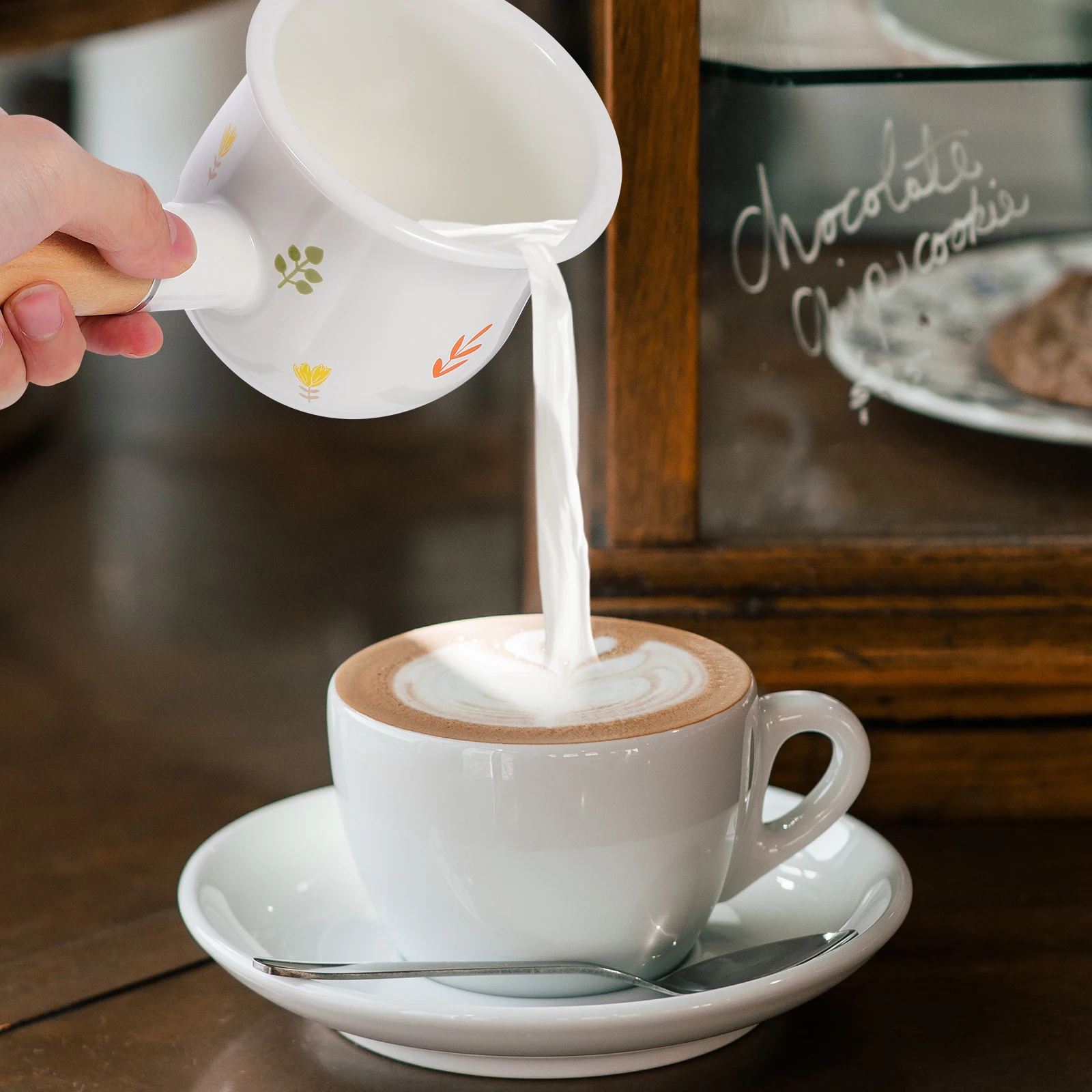 

Enamel Milk Pot Mini Saucepan Flat Bottom Nonstick Cookware Small Cooking Pot Butter Melting Food Storage White Flower Design