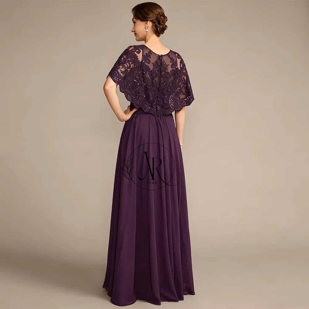 Aure Customized Mother of the Bride Dress with Cape Round Neck Sleeveless Beading Sequined Applique Wedding Guest Gown for Woman