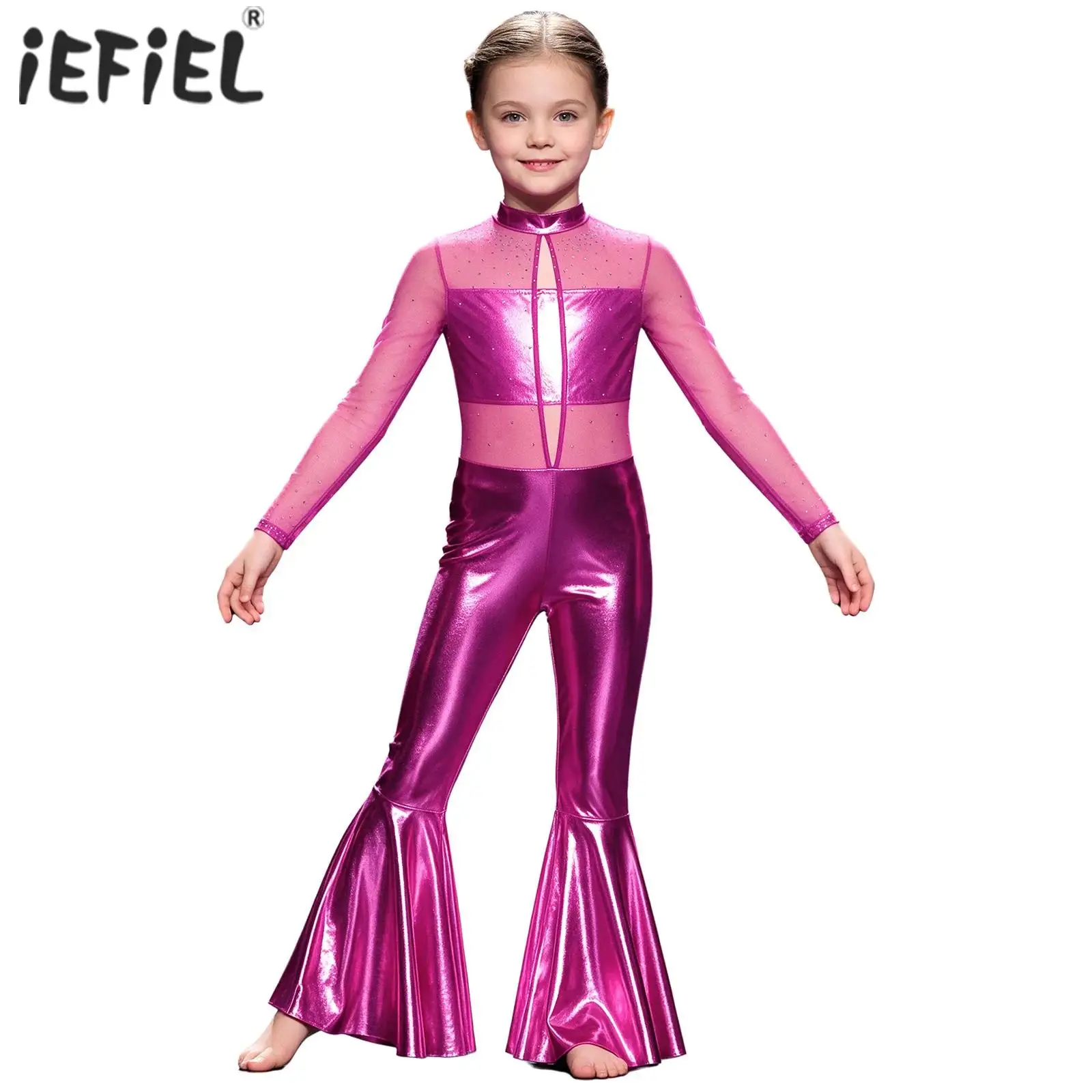 Kids Girls Metallic Bell-bottom Jumpsuit Jazz Dance Costume Long Sleeve Keyhole Front Cutout Back Rhinestone Mesh Disco Bodysuit