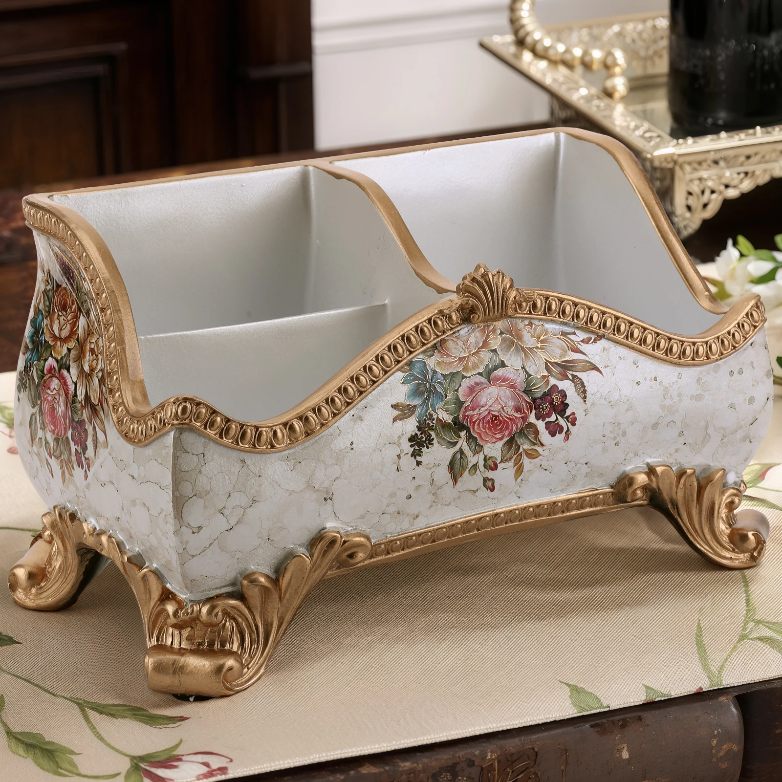 

Vintage Floral Resin Tray Remote Control Holder & Desk Organizer Three Compartment Vanity Holder Desk Organizer Home Decor