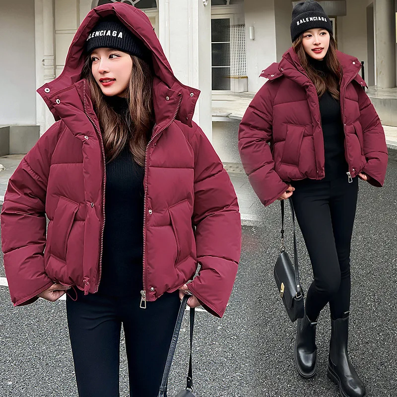 Women Parkas Coat Hooded Short Jacket Solid Zipper Pocket Drawstring Long Sleeve Thick Loose Fit Office Lady Casual 2025 Winter