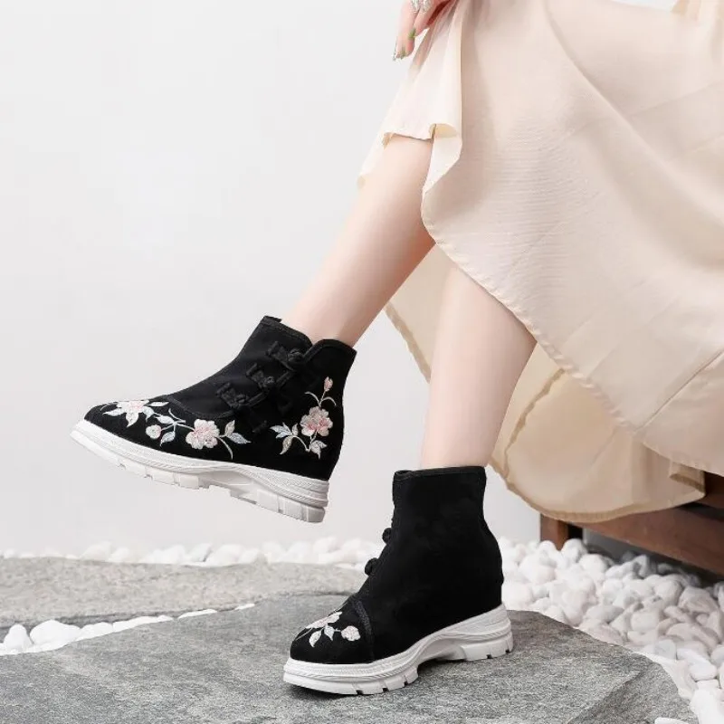 Ethnic Embroidered Women Short Boots Round Toe Casual Autumn Shoe with Buttons Girls Height Increased Vintage Ankle Booties