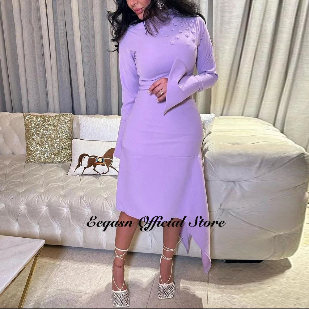 Customized Lilac Evening Dress Ankle Length فساتين للحفلات الراقصة Long Sleeve Satin Prom Dresses Maxi Formal فساتين السهرة