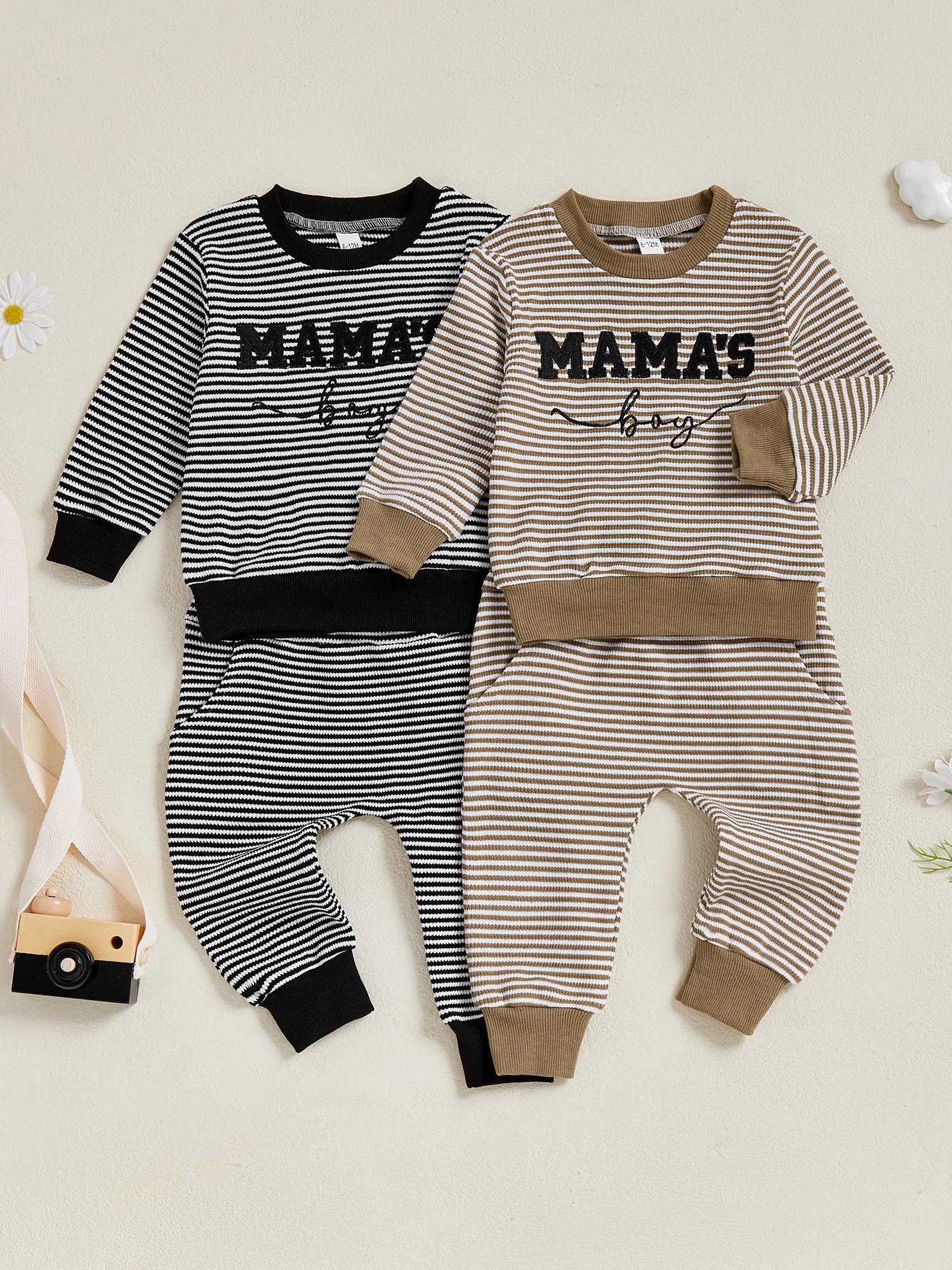 Conjunto infantil de outono para meninos com letras bordadas, top listrado com gola redonda e calças combinando – conjunto de 2 peças para crianças