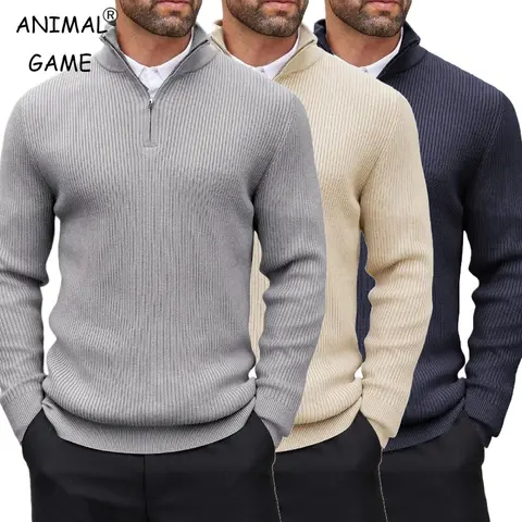 Sweater Autumn Men's Quarter Zip Pullover Dress Slim Sweater Mock Neck Sweaters Casual Long Sleeve Pullovers Outerwear Winter Warm Tops