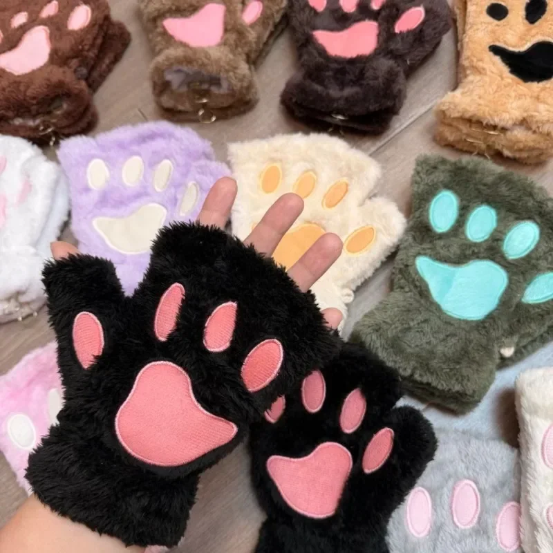 Cartoon Cat Paw Fingerless Gloves Women Fluffy Plush Bear Claw Half Mittens Cute Animal Paw Gloves Cosplay Fancy Dress Party