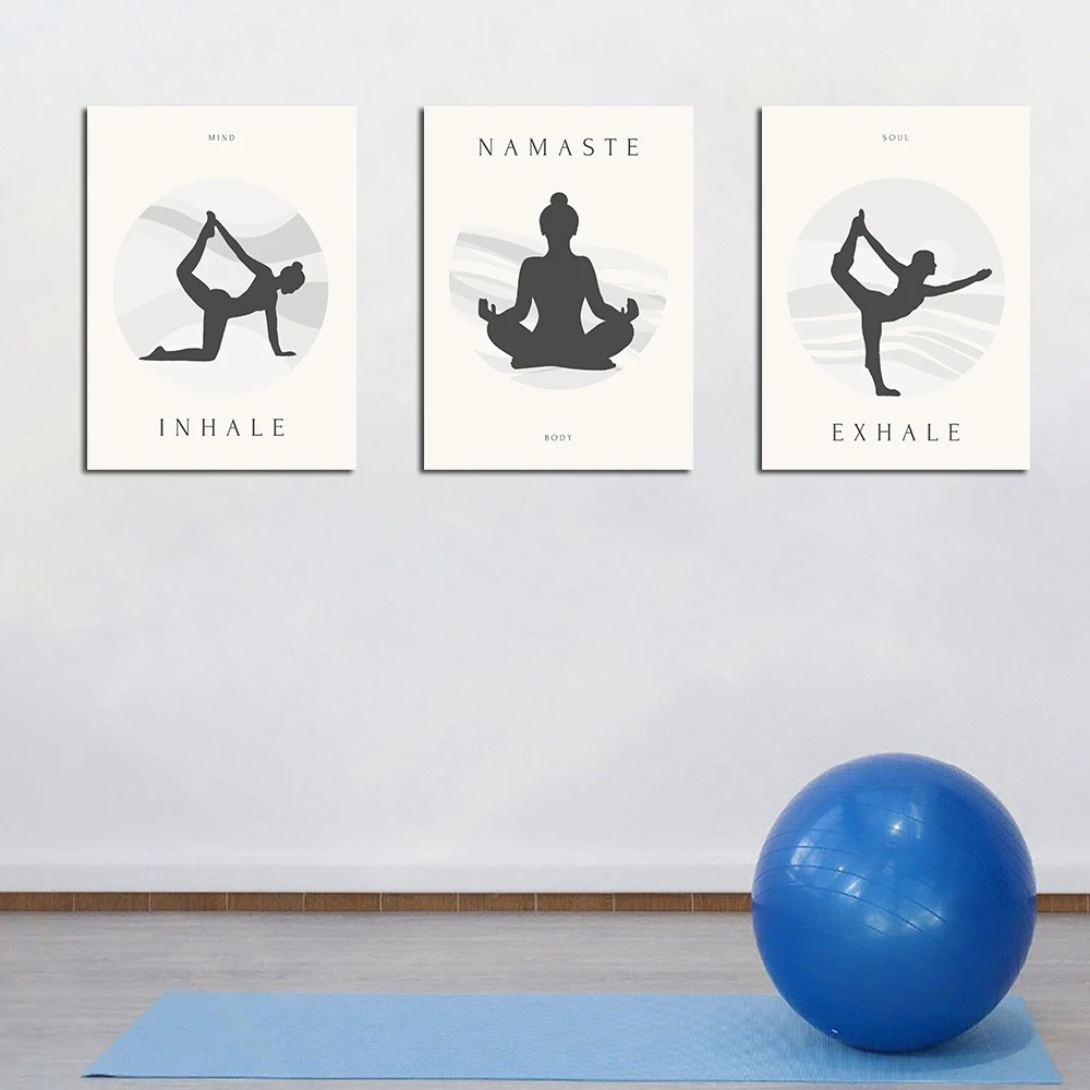 Set Of 3 Yoga Art Poster, Body Mind Soul Yoga Poses Picture, Minimalist Line Painting, Gym Home Interior Wall Decor Canvas Print