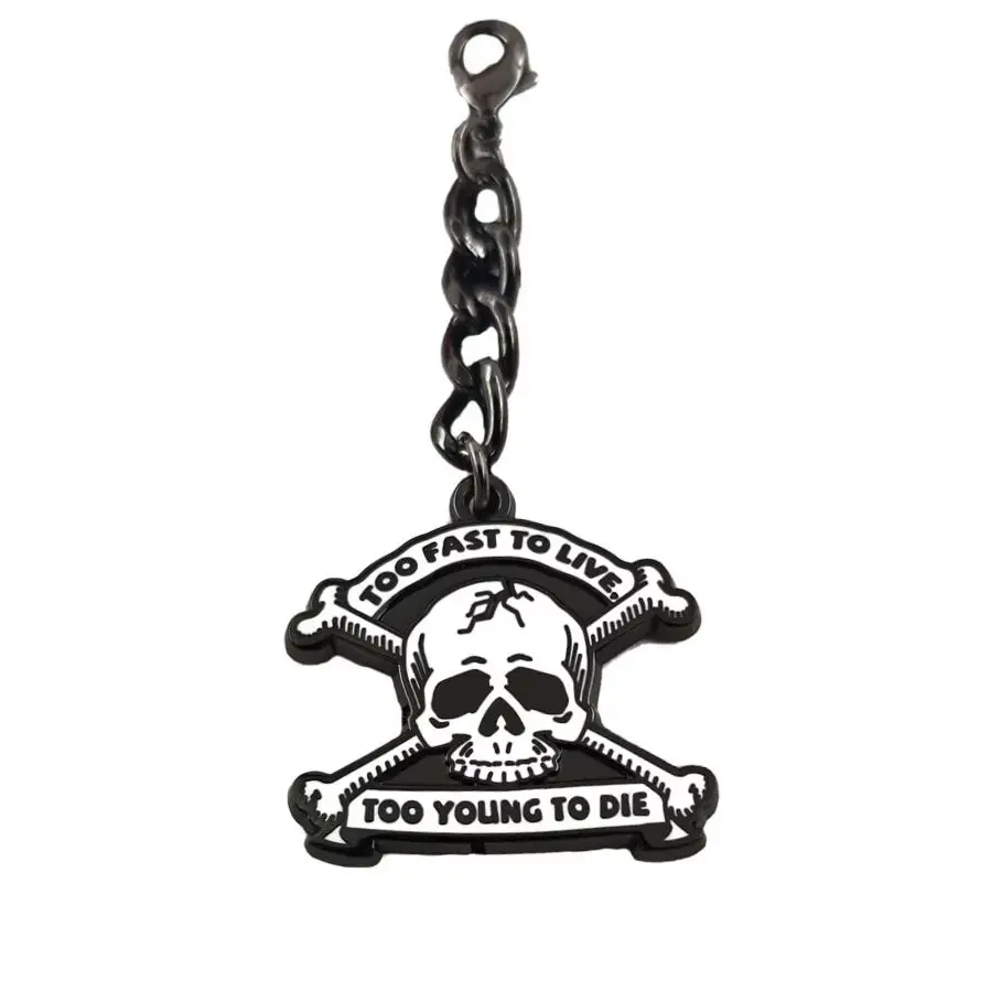 Too Fast To Live Too Young To Die Keychains Vintage Punk Rock Skull Crossbones Metal Keyring Gothic Bag Car Pendant Gift