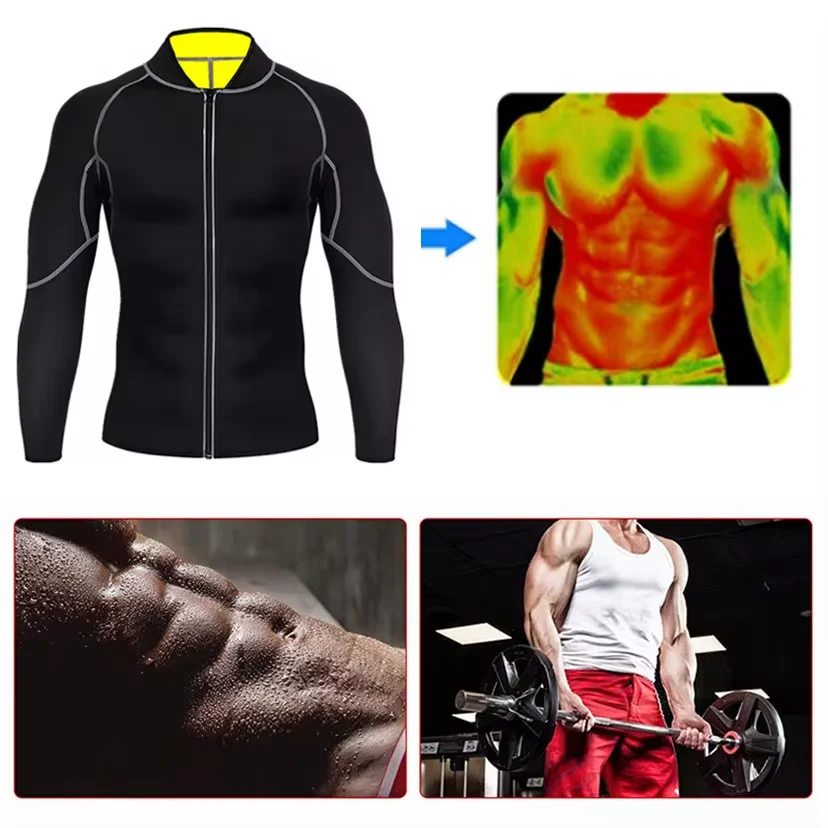 Men Sauna Sweat Jacket Shapewear Workout Weight Loss Long Sleeves Waist Trainer Body Shaper Gym Fitness Zipper Undershirt Tops