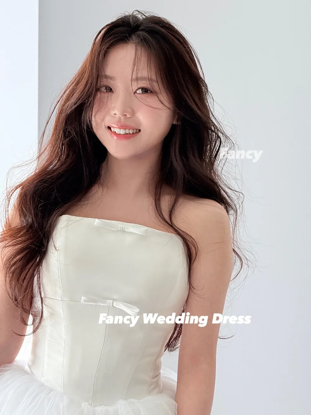 Fancy Princess Strapless Wedding Dress A Line Soft Tulle Evening Dress Korea Photo Shoot Floor Length Back Corset Customized