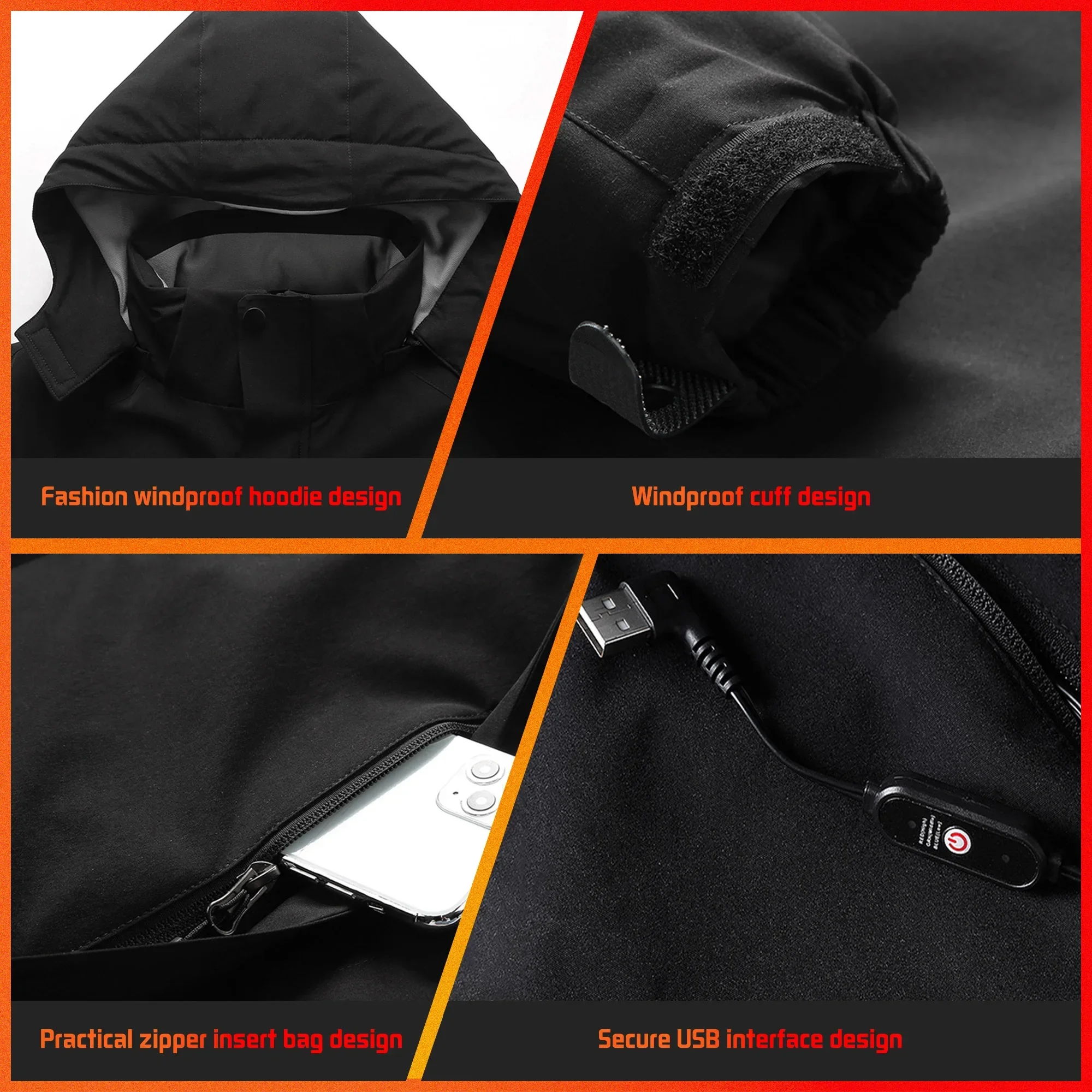 Men's Heating Jacket USB Temperature Control Heating Clothes Winter Waterproof Warm Motorcycle Jacket Ski Hooded assault Coat