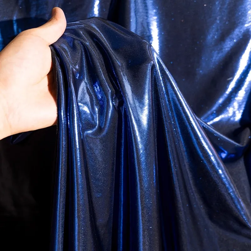 Deep blue gold-plated shiny leather, elastic knitted spandex fabric sewing evening gowns fashionable pants clothing fabrics