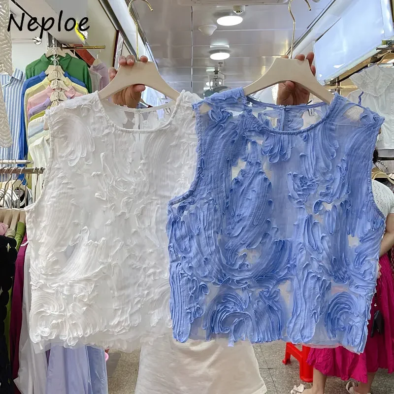 Neploe 2024 New Sleeveless Chic Ladies Tops Painting Folds Elegant Vintage Blusa Solid Loose Tank Blouses Summer Fashion Mujer