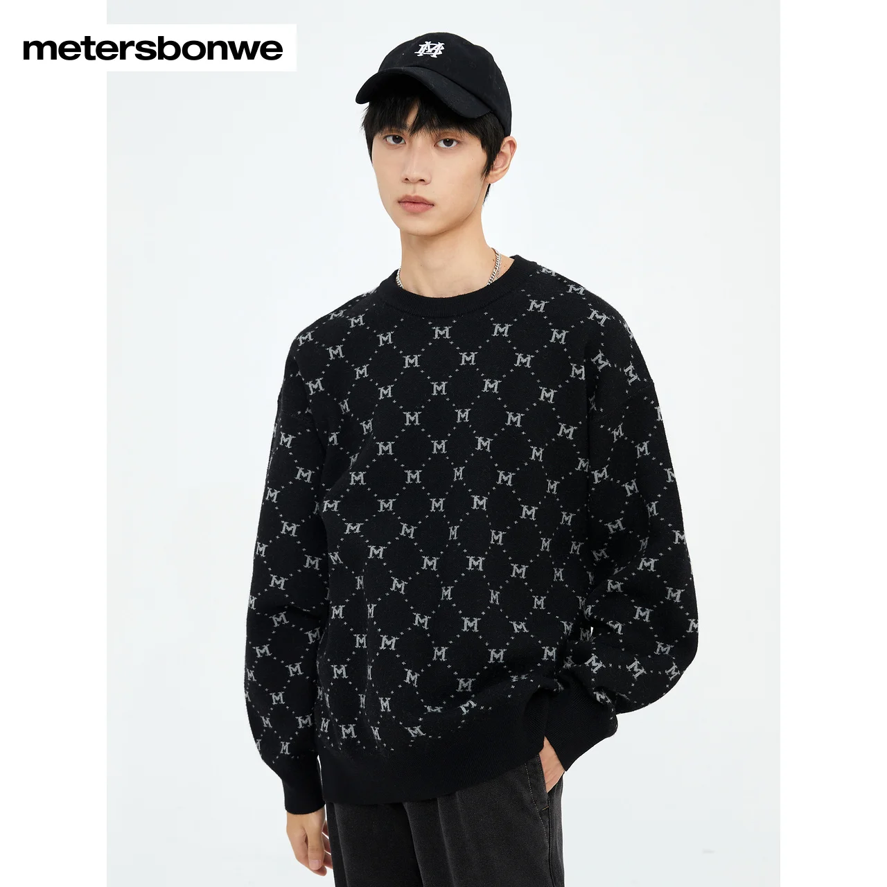 Metersbonwe-Men Long-Sleeved Sweater Jumper Rpund Collar Letter Jacquard  Minimalist Stylish Casual Warm Wear Tops Winter