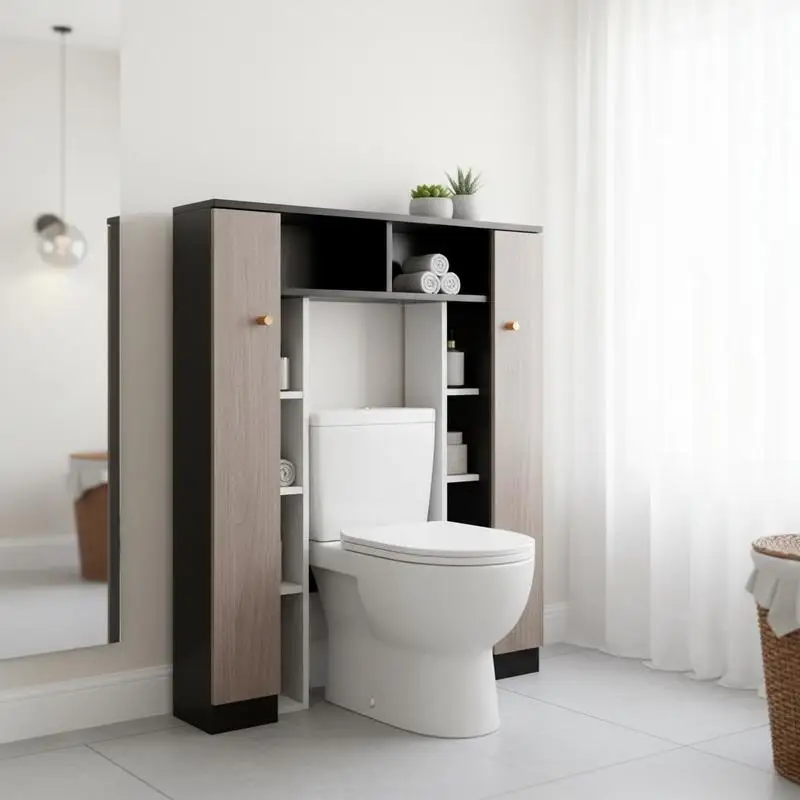 Armoire de rangement au-dessus des toilettes avec 2 compartiments ouverts et 4 étagères réglables - Noir
