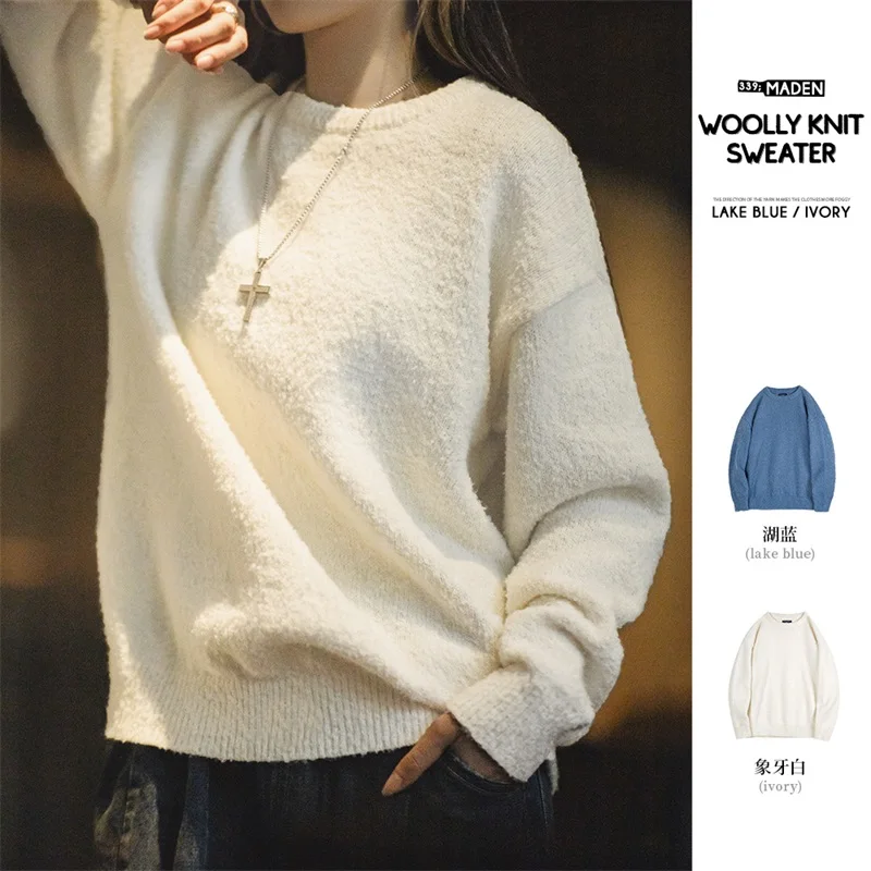 MADEN Women Imitation Mink Sweater Autumn Winter Warm Undershirt Tops Loose Fit Round-neck Long Sleeve Thick Pullover Sweater