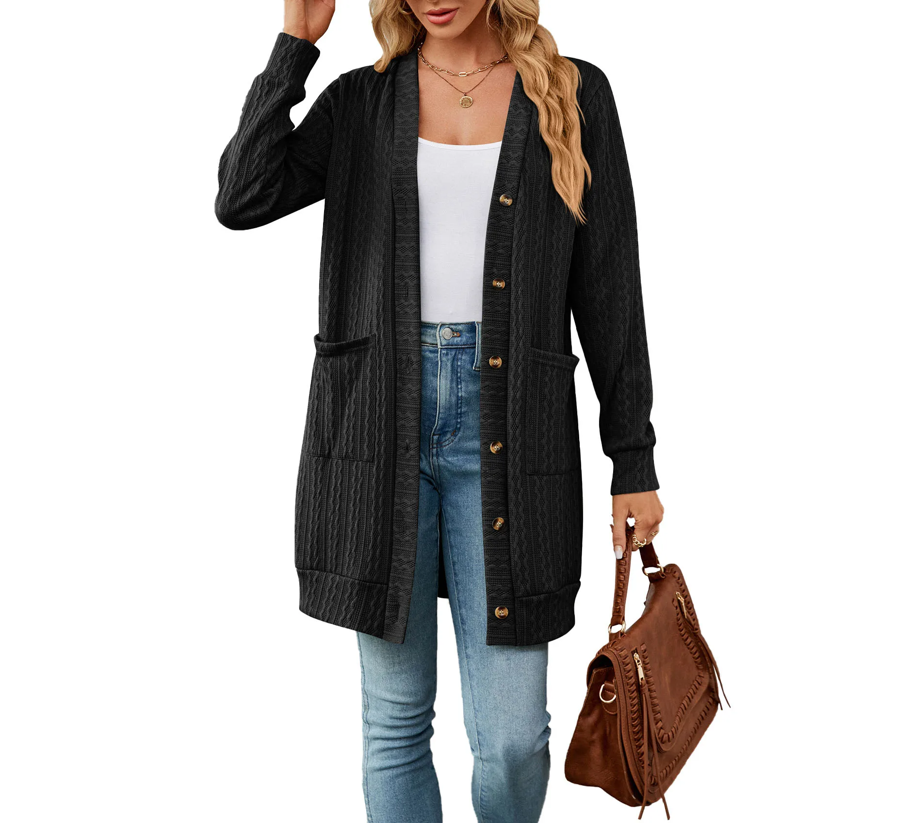 

2023 Autumn and Winter Fashion New Solid Color Pocket Button Loose Long Sleeve Cardigan Jacket for Women