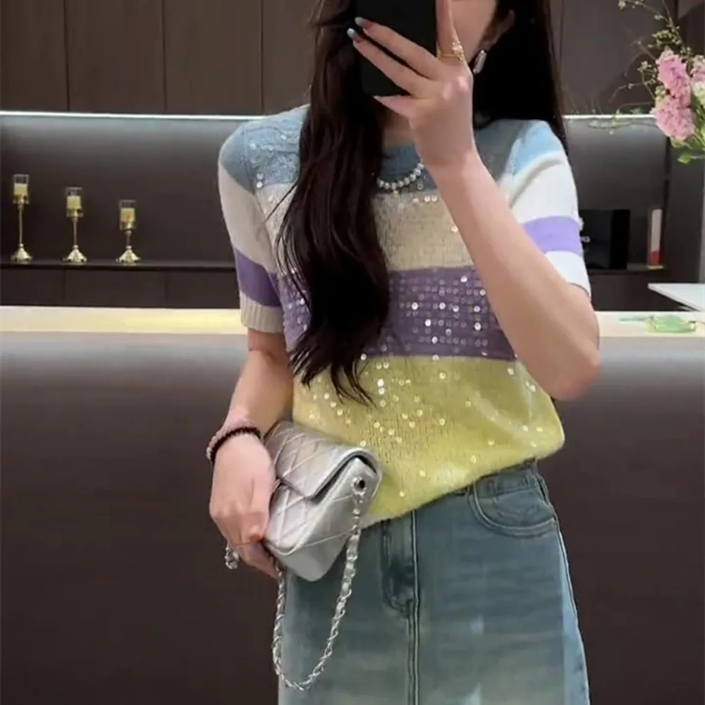 Spring Womens Striped Sequin Short Sleeved Knitted Shirt Pullover