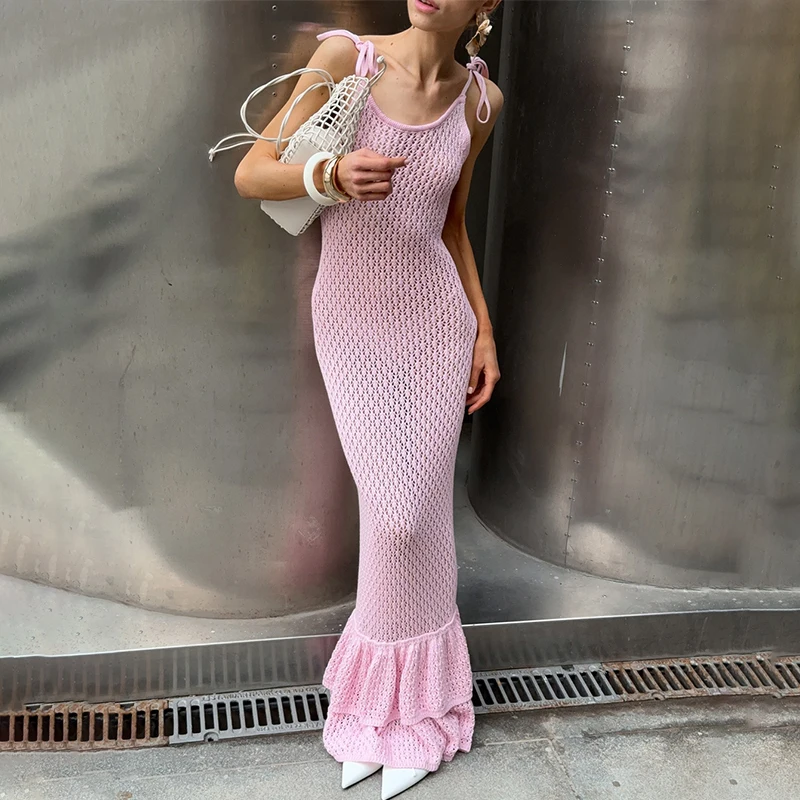 TARUXY Sexy Straps Openwork Maxi Dress Women Summer Beach Lettuce Edge Trim Knit Cake Mermaid Dress Female Vacation Party Dress