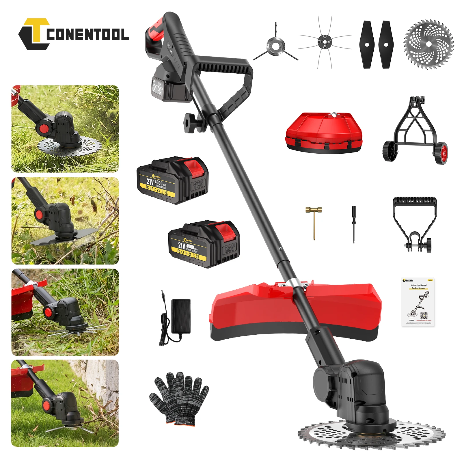 CONENTOOL 21V Bürstenloser Rasentrimmer 10 Zoll Kabelloser Elektrischer Rasenmäher mit 2 Akkus Stützrad Klappbarer Griff