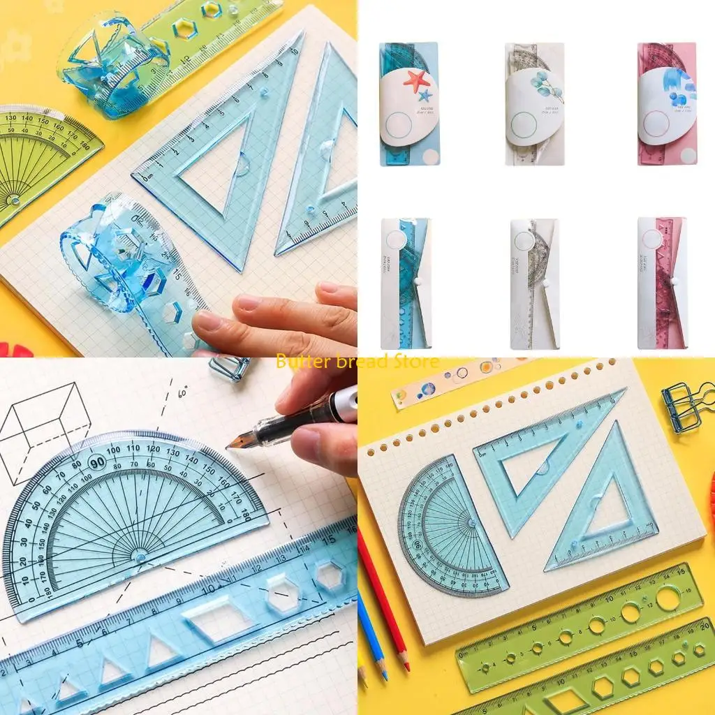 W89C Portable Math Drafting Tool Plastic Rulers Set Bendable Anti-break for Kids Teens High School Students PVC Bag Storaged