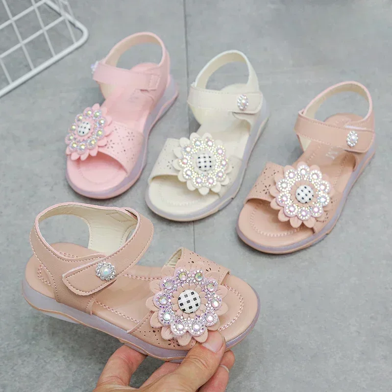 Clearance Sale Summer New Casual Girl Open-toe Rhinestone Sandals Street Student Kids Children's Soft-soled Slippers Size 21-30
