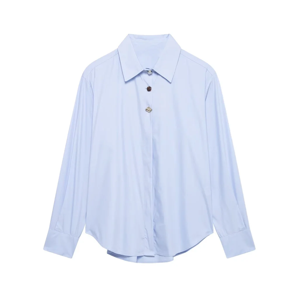 Taop&Za2025 nueva camisa de manga larga para mujer con diseño de cuello único y botones, dobladillo curvo y temperamento casual